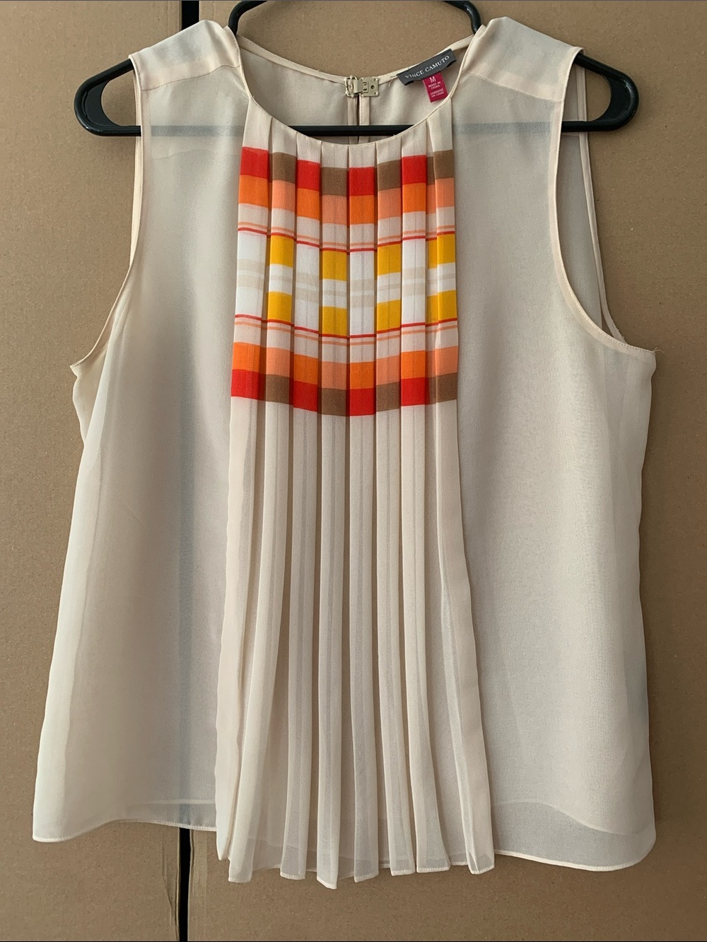 Vince Camuto Cream Sleeveless Pleated Top with Orange, Yellow & Tan Plaid Yoke